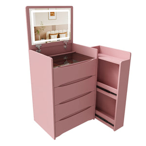 Flip Mirror Vanity Desk With Adjustable LED Lights & Stool For Bedroom