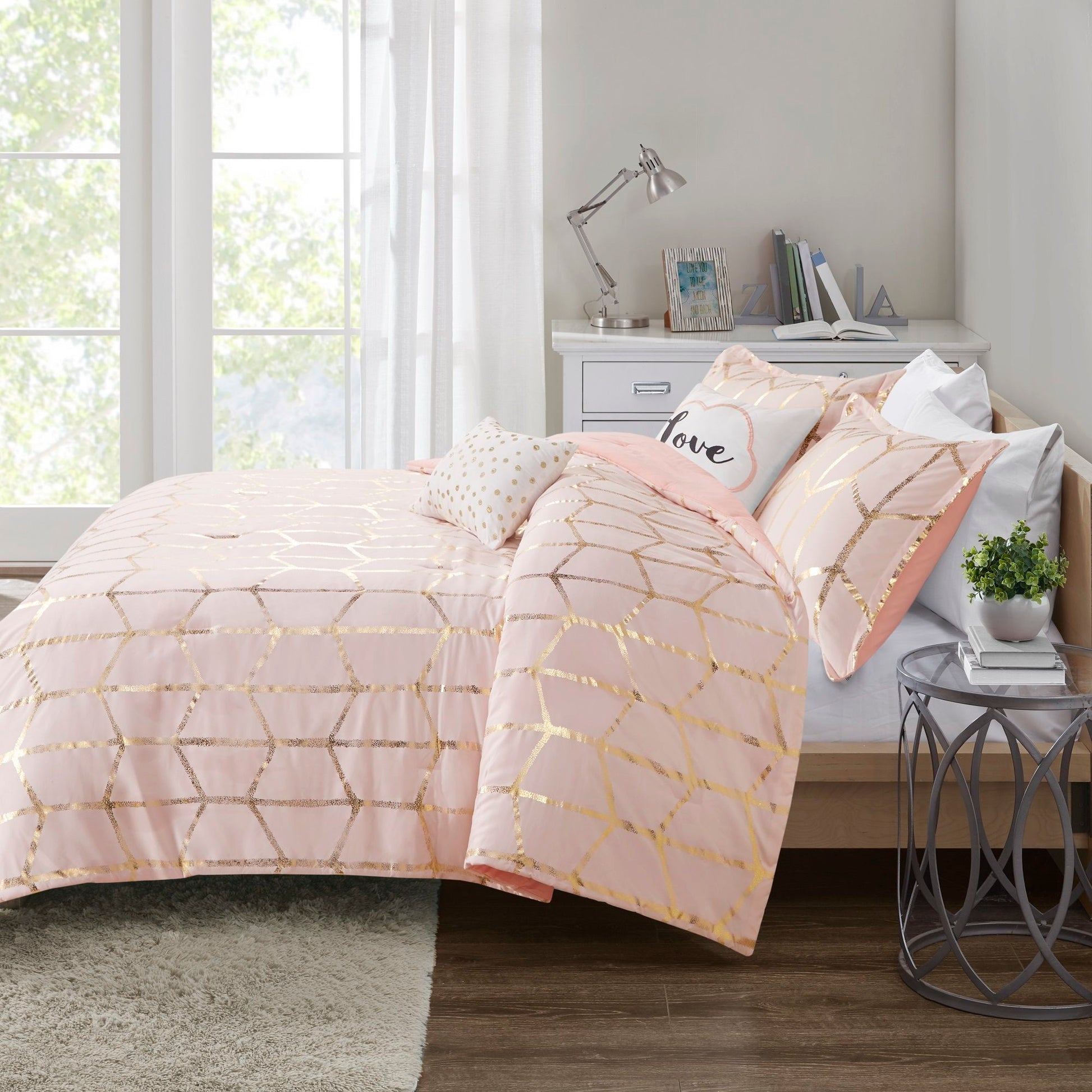 Raina - Polyester Brushed Microfiber Printed Comforter Set - Blush / Gold