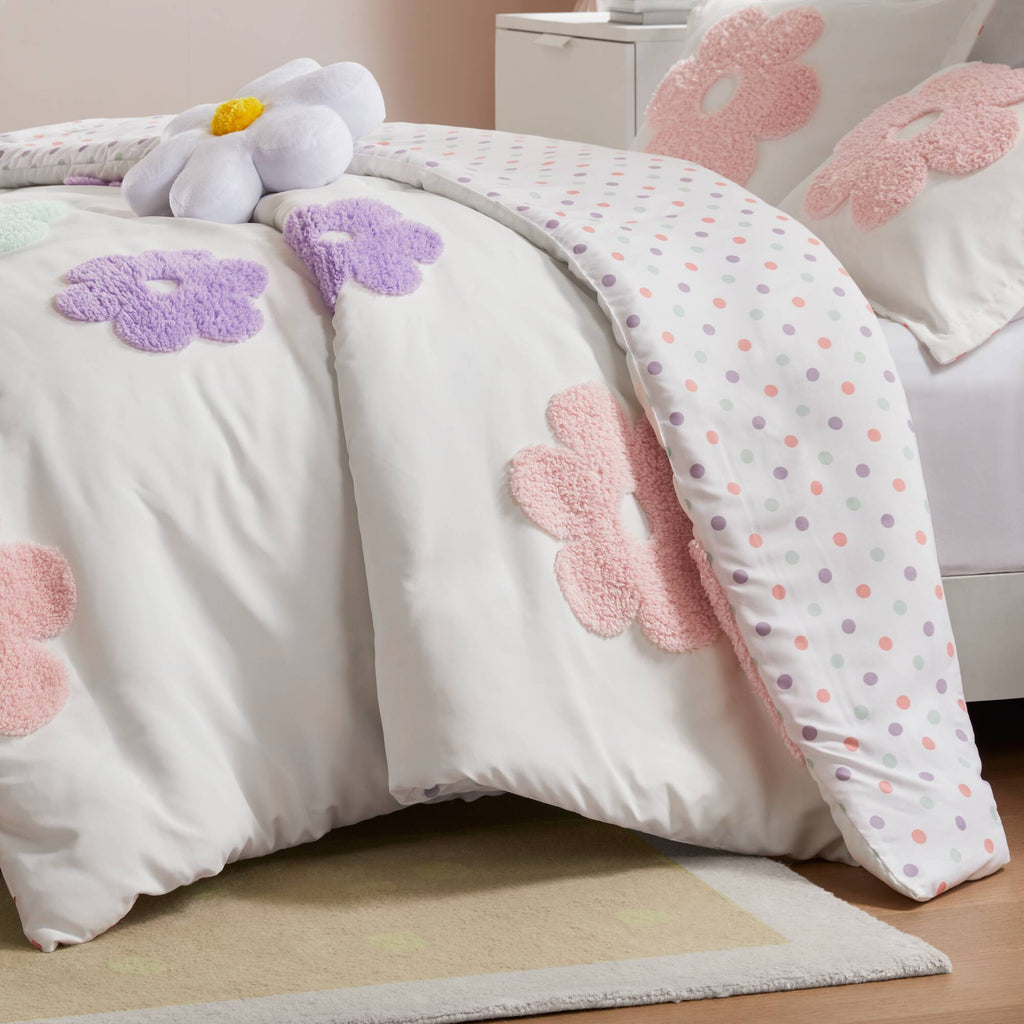 Gracie - Floral Reversible Tufted Chenille Comforter Set With Flower Throw Pillow - White / Purple