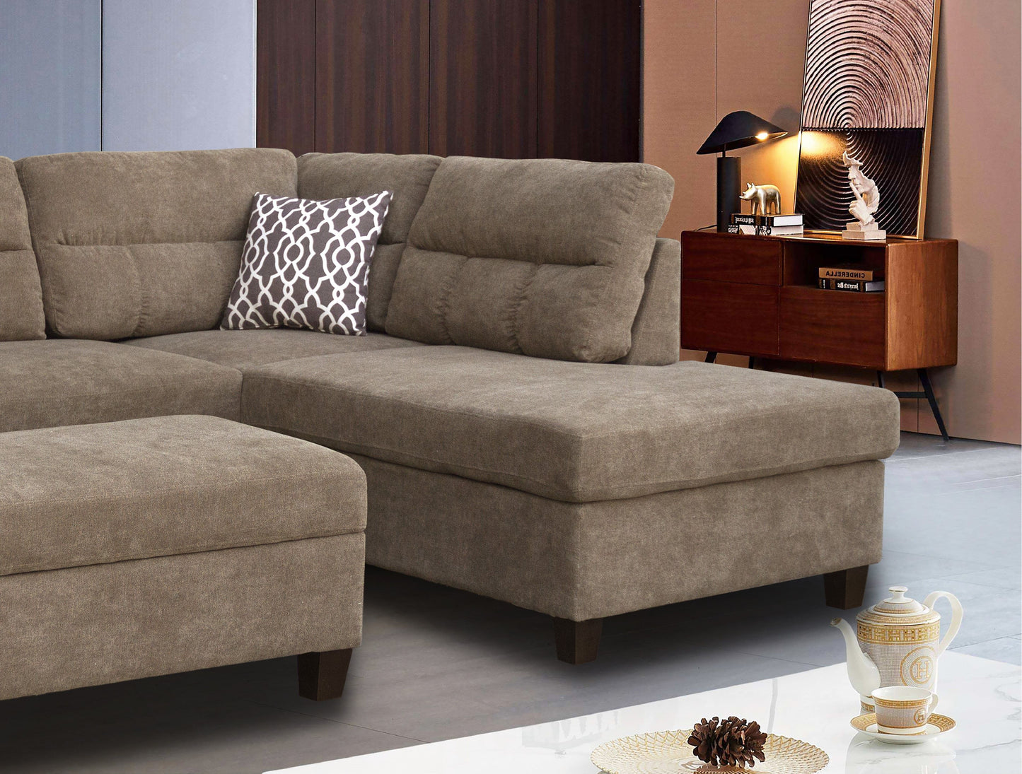 Diego - Fabric Sectional Sofa With Right Facing Chaise, Storage Ottoman, And 2 Accent Pillows