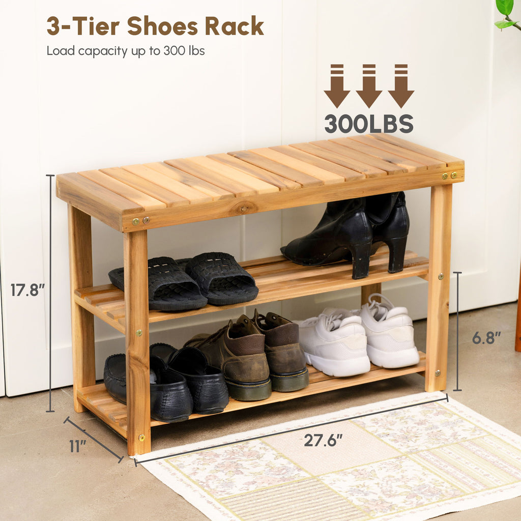Shoe Rack Bench, 2 Tier Organizer For Entryway - Acacia Wood
