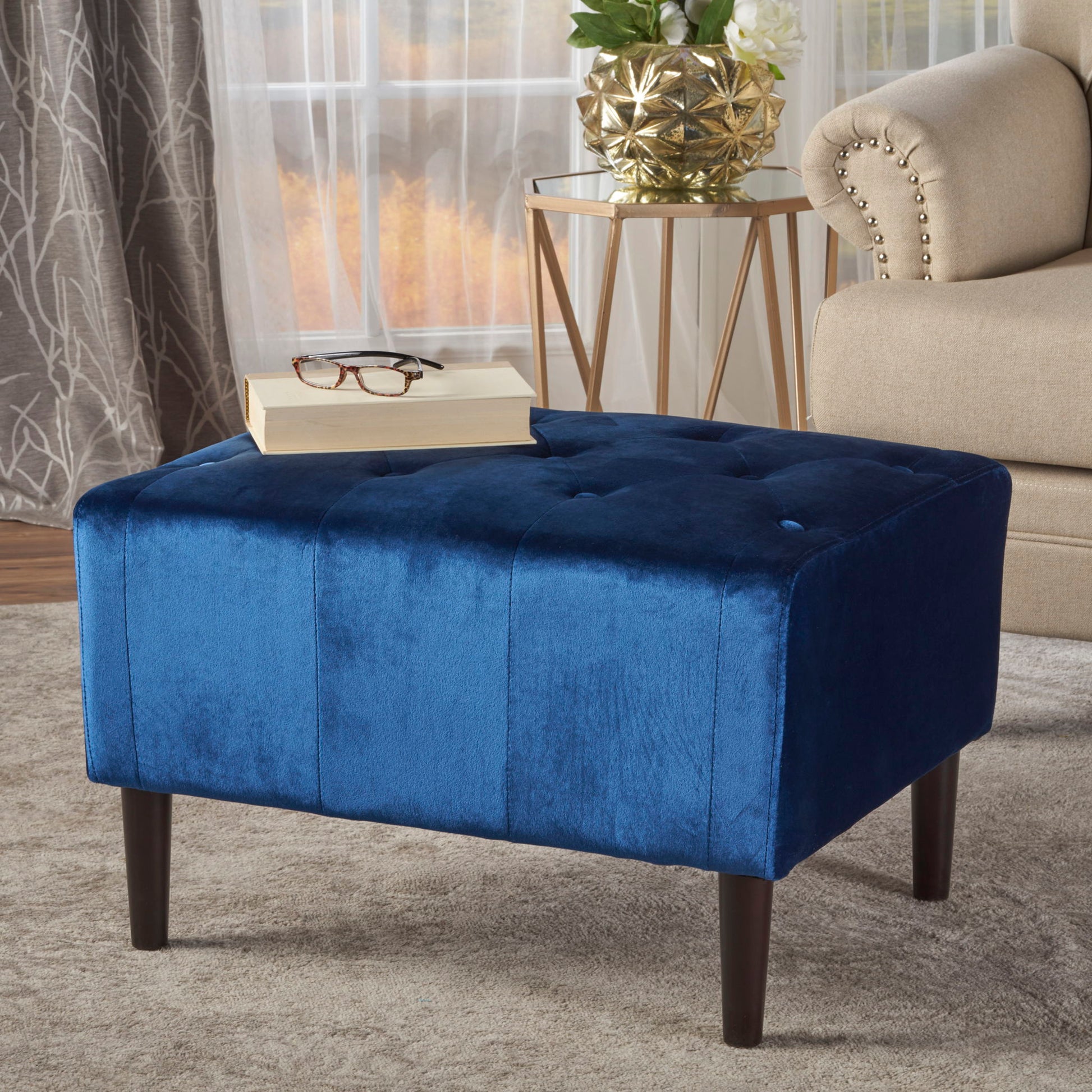 Mid Century Ottoman Velvet With Button Tufting With Birch Wood Legs - Navy Blue