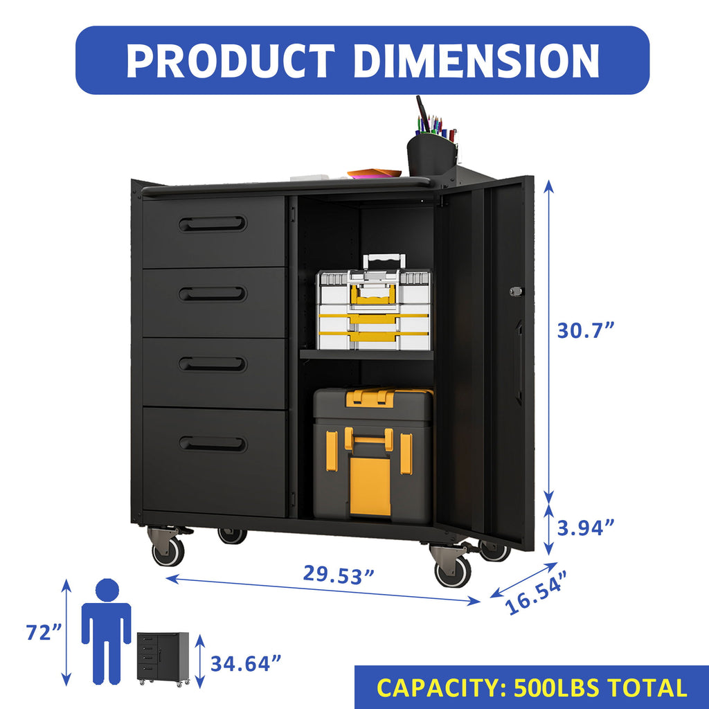 Sturdy Metal Tool Storage Cabinet With Wheels Durable Garage, Office & Home Organizer Steel
