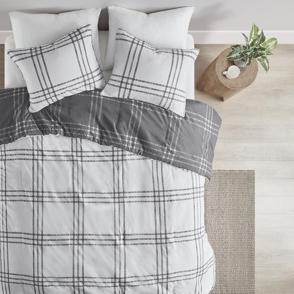 Pike - Plaid Reversible Comforter Set - White / Gray