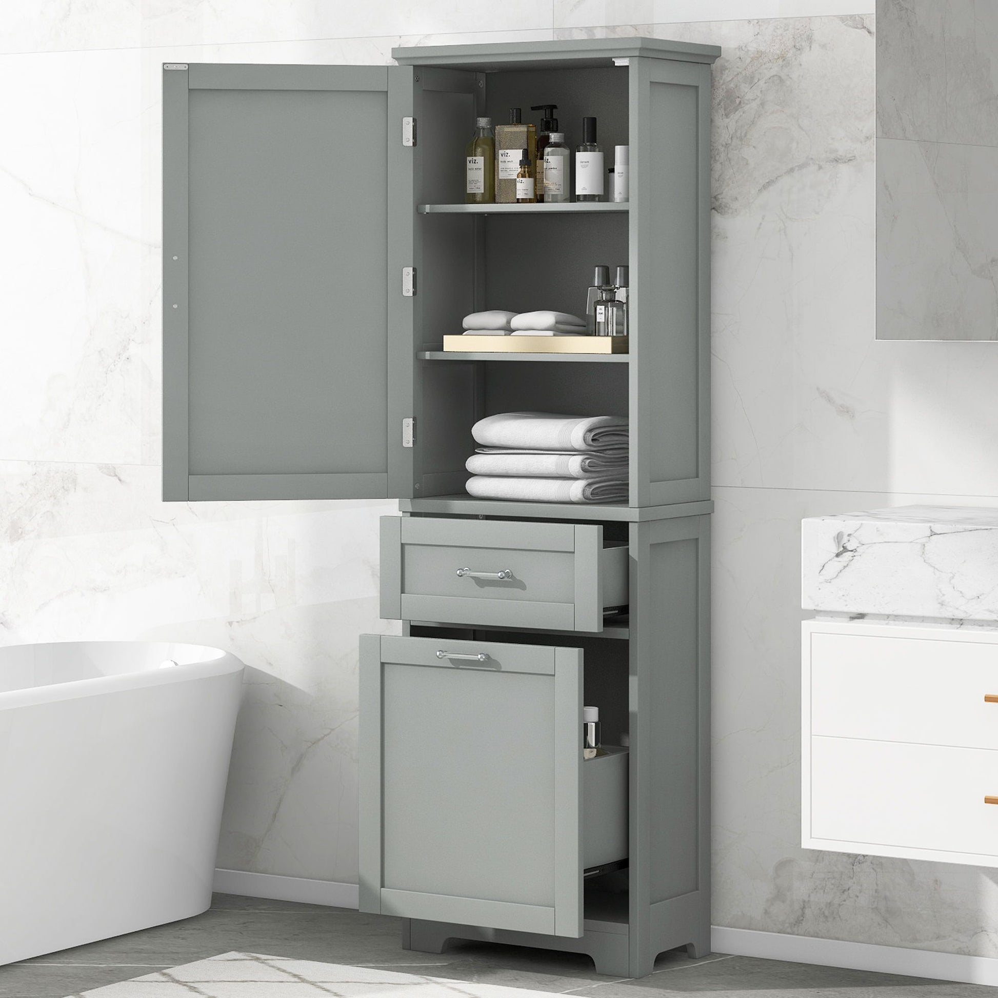 Tall Freestanding Bathroom Storage Cabinet With Adjustable Shelf And 2 Drawers