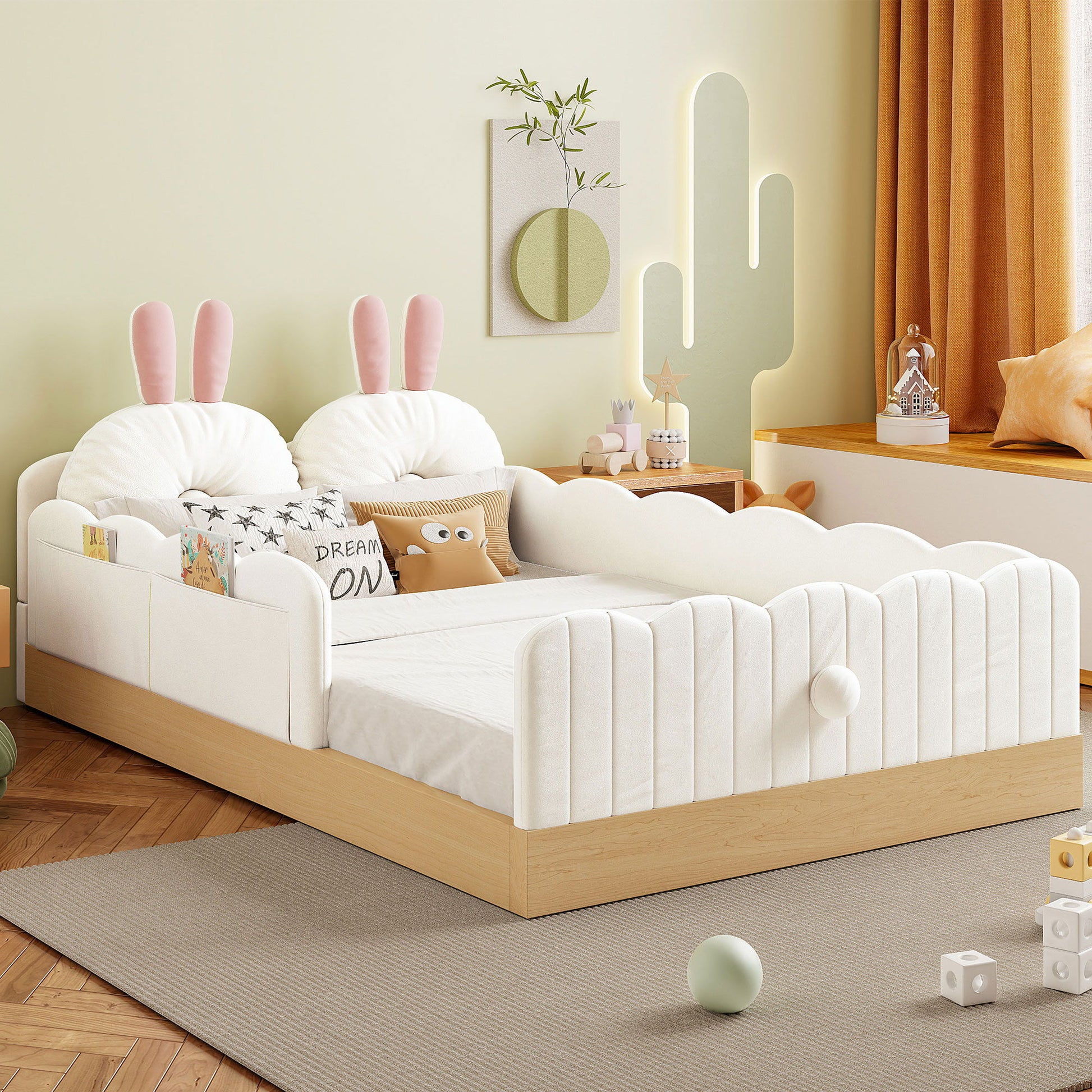 Platform Bed With Animal Pillows And Storage Bags