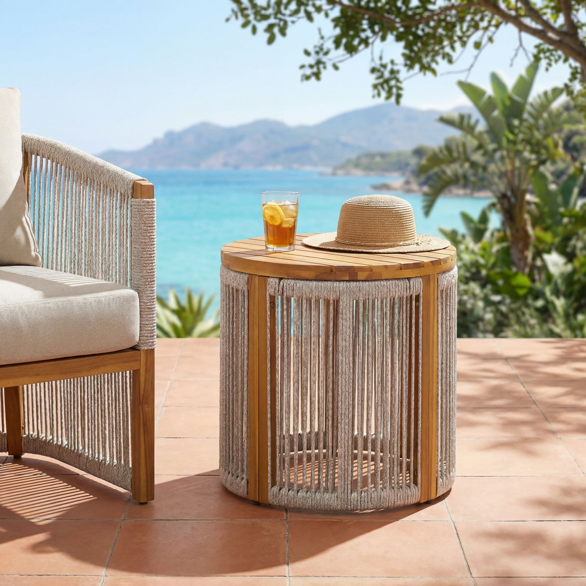 Round Side Table With Rope Detail For Patio - Light Gray / Teak