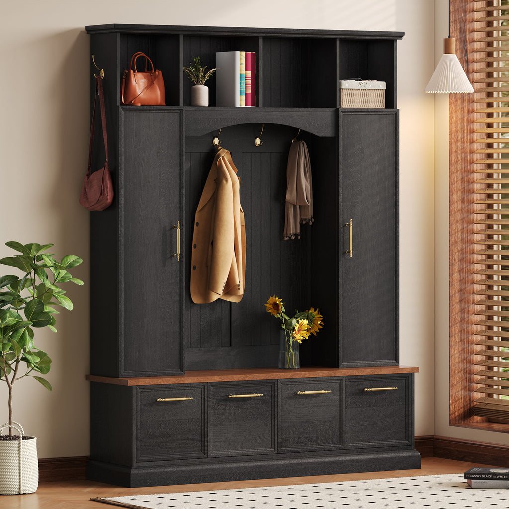 4 In 1 Hall Tree With Hooks & Handles, Adjustable Shelves, Coat & Shoe Rack For Mudroom