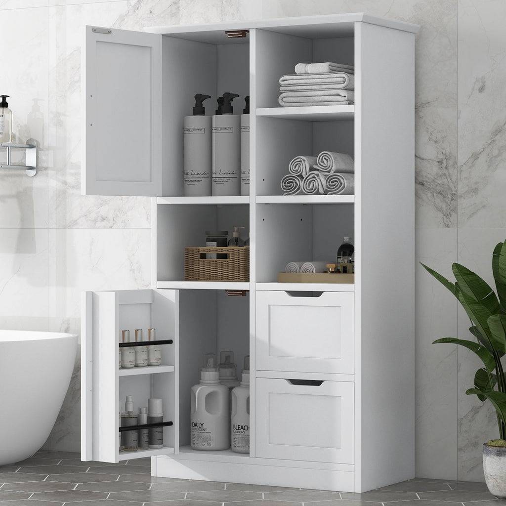 Freestanding Bathroom Storage Cabinet With Doors And Drawers, Adjustable Shelf, Open Shelves - White