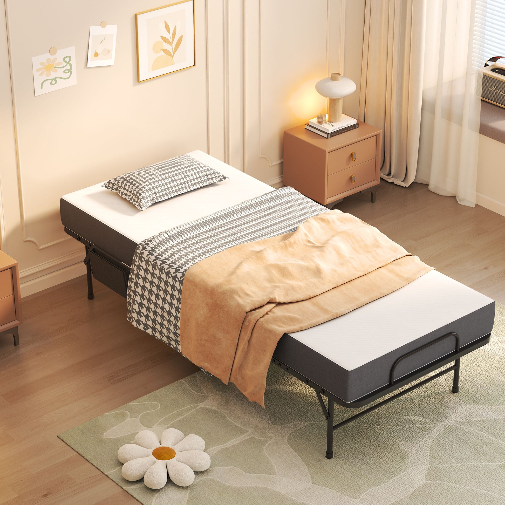 Twin Folding Bed With Memory Foam Mattress, On Wheels, Portable Bed For Adults & Guests - Black