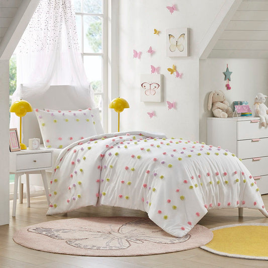 Cora - Pompom Clip Jacquard Duvet Cover Set - Pink Multi