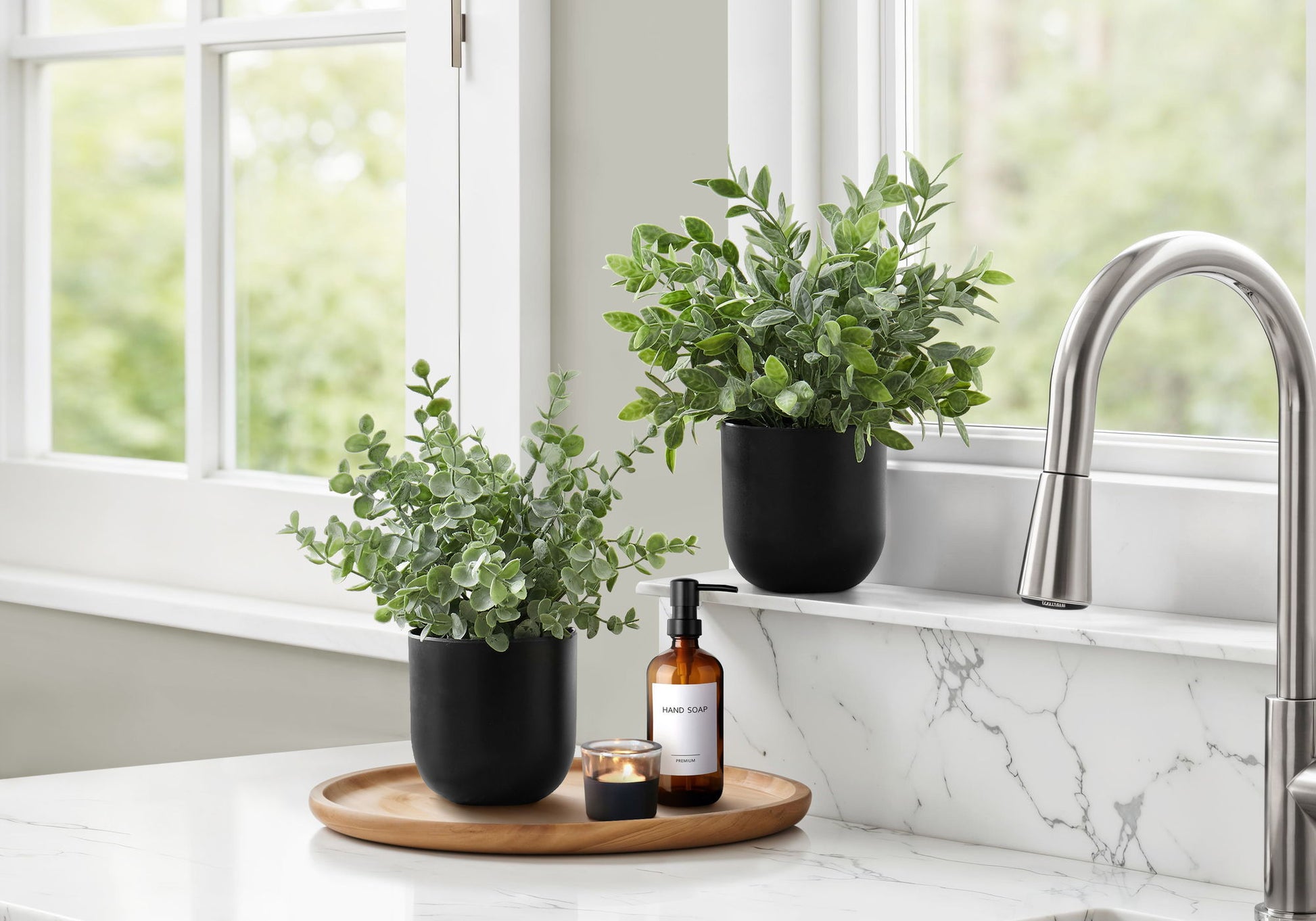 11" Tall, Artificial Plant, Eucalyptus Grass, Indoor, Faux, Fake, Table, Greenery, Potted, Decorative (Set of 2) - Green / Black