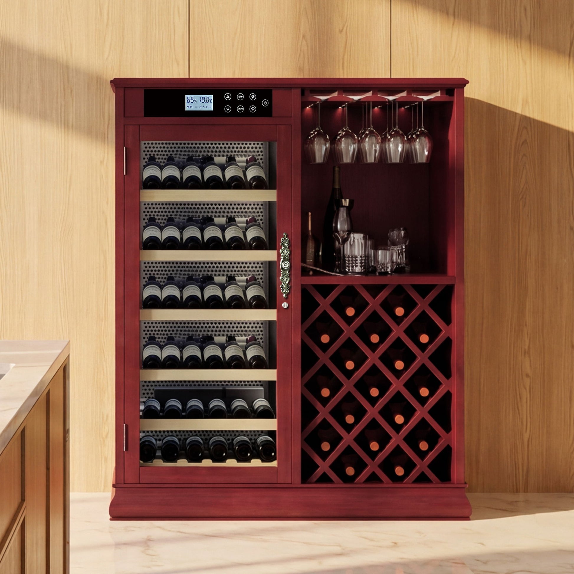 69 Bottle Wine Fridge With Touch Control, LED Lighting, Humidity Regulation - Cherry