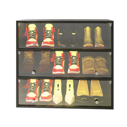 LED Light Shoe Box Three Layers With Glass Doors - Black