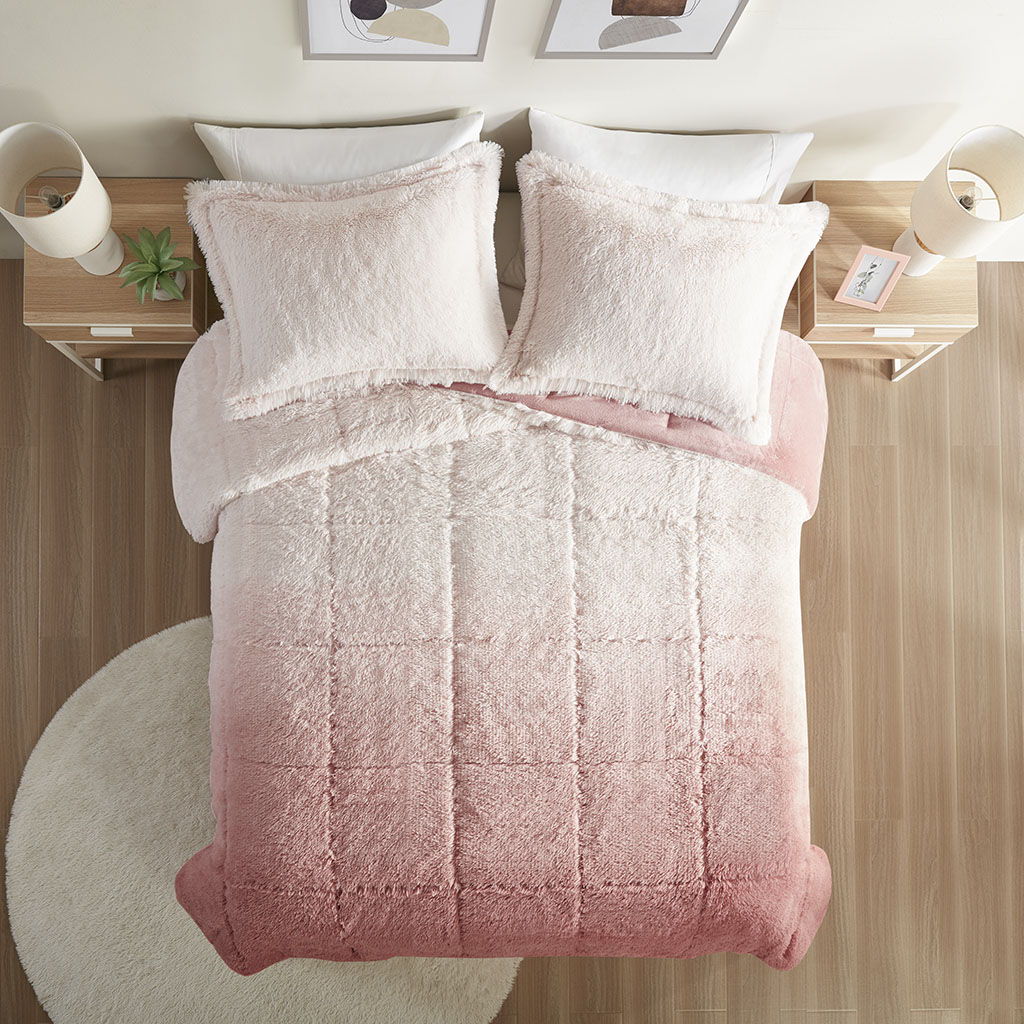 Brielle - Twin Ombre Shaggy Long Comforter Mini Set - Blush