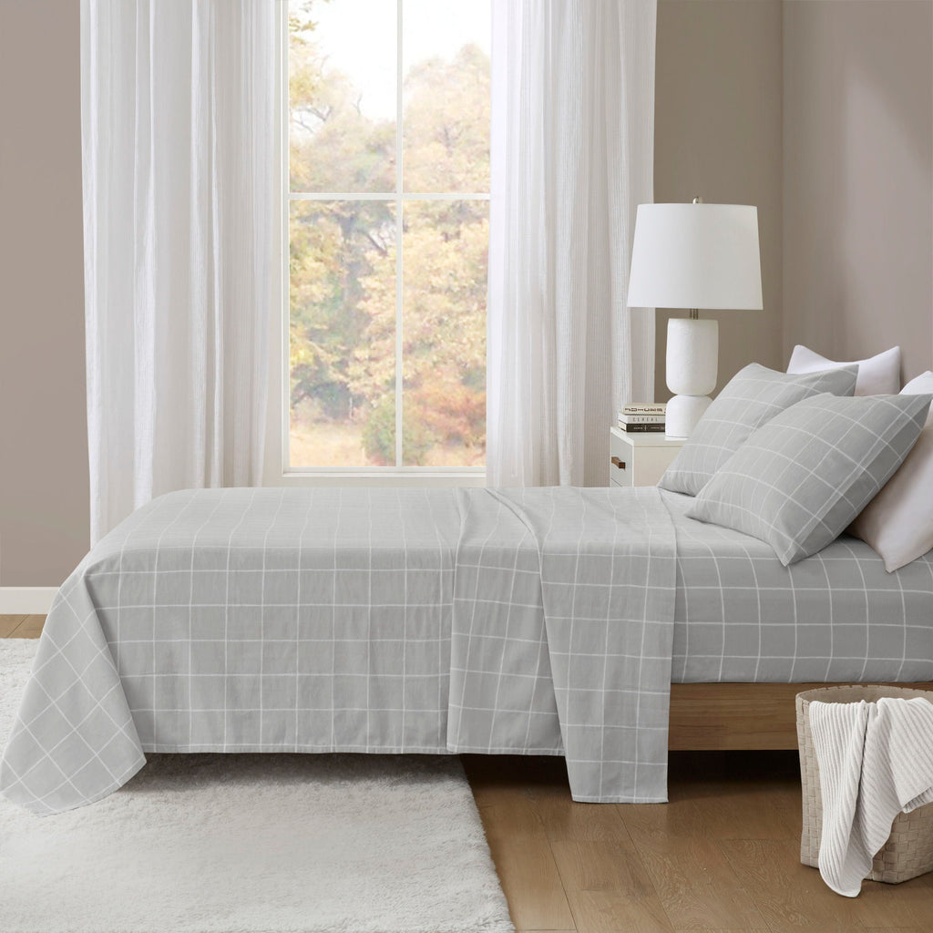 Cozy Cotton Flannel - California King Printed Sheet Set - Gray Windowpane