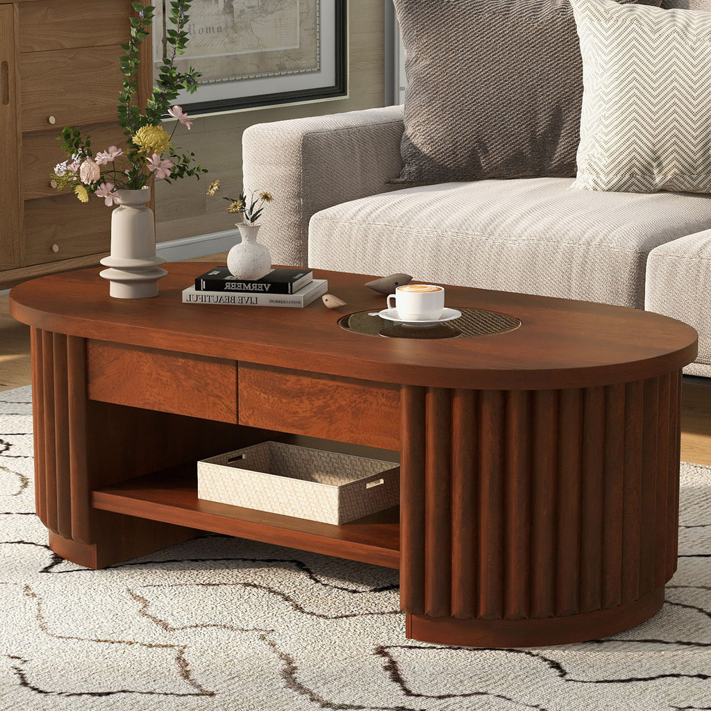 Fluted Oval Coffee Table With Drawers, 2 Tier Cocktail Table