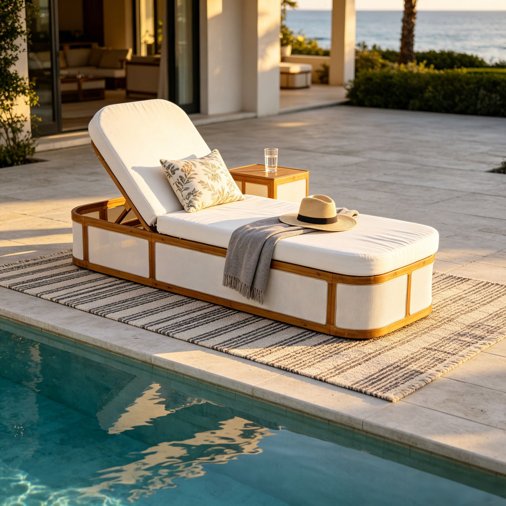 Chaise Lounge Set With 2 Fold Cushion, 3 Position Backrest - Beige / Cream / Teak