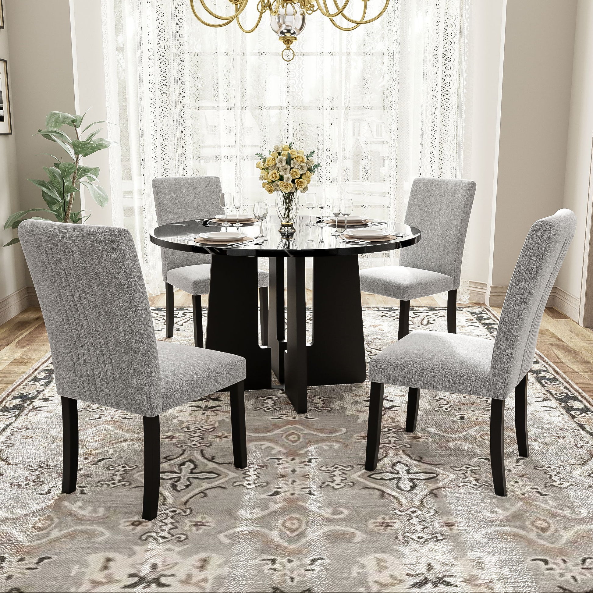 5 Piece Round Dining Table Set, Modern Table And 4 Upholstered Chairs For Dining Room