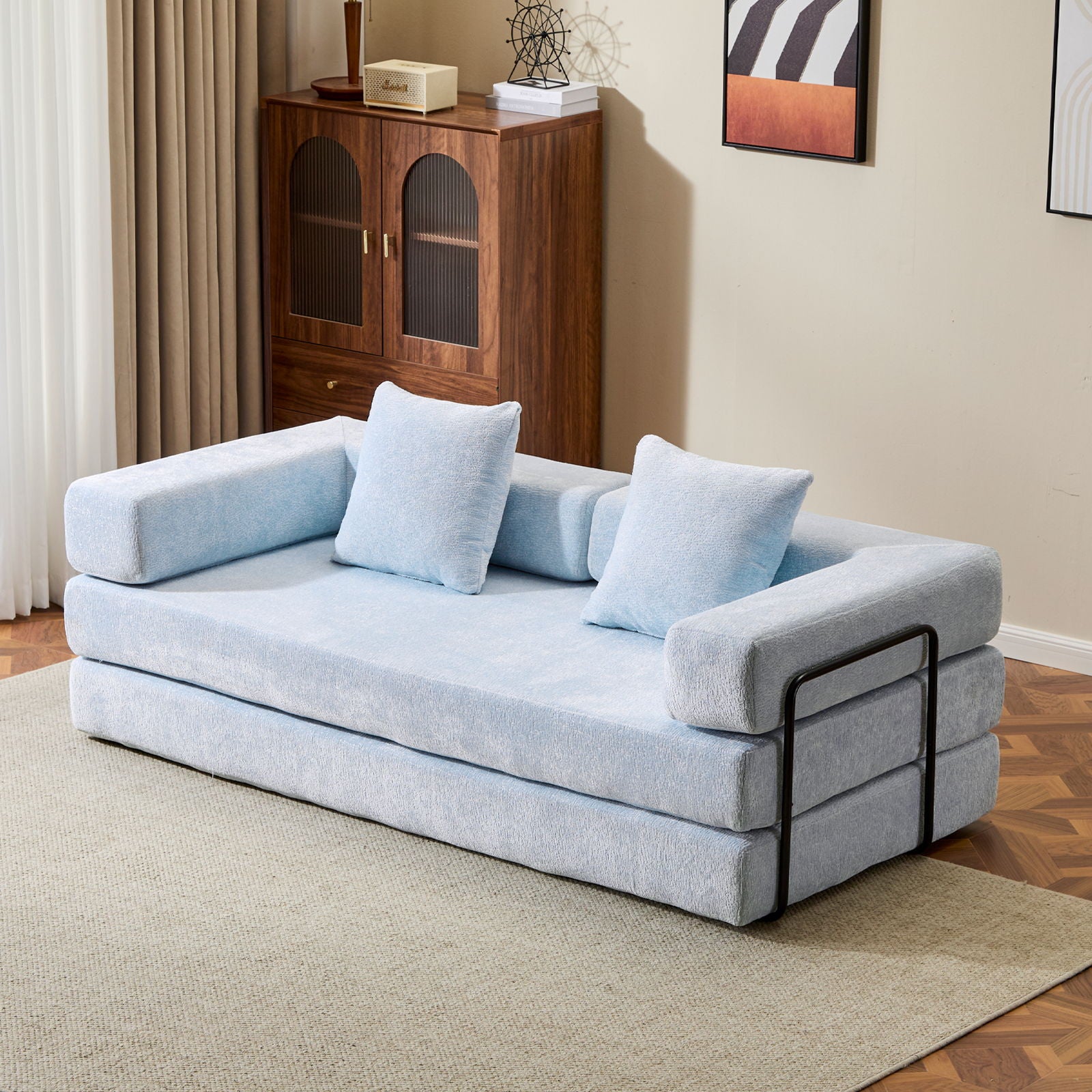 Convertible Floor Sofa Bed With Pillow Back Support Armrest