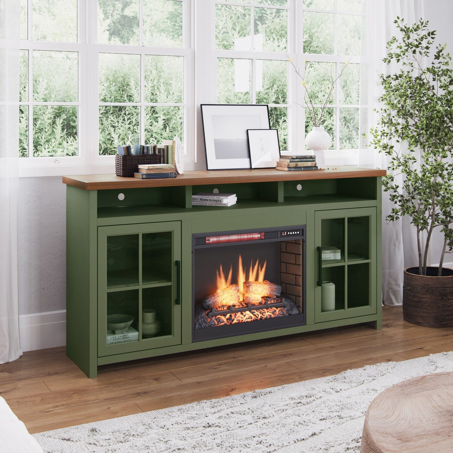 Vineyard - 74" Fireplace TV Stand Console For TVs Up To 85" - Sage Green And Fruitwood