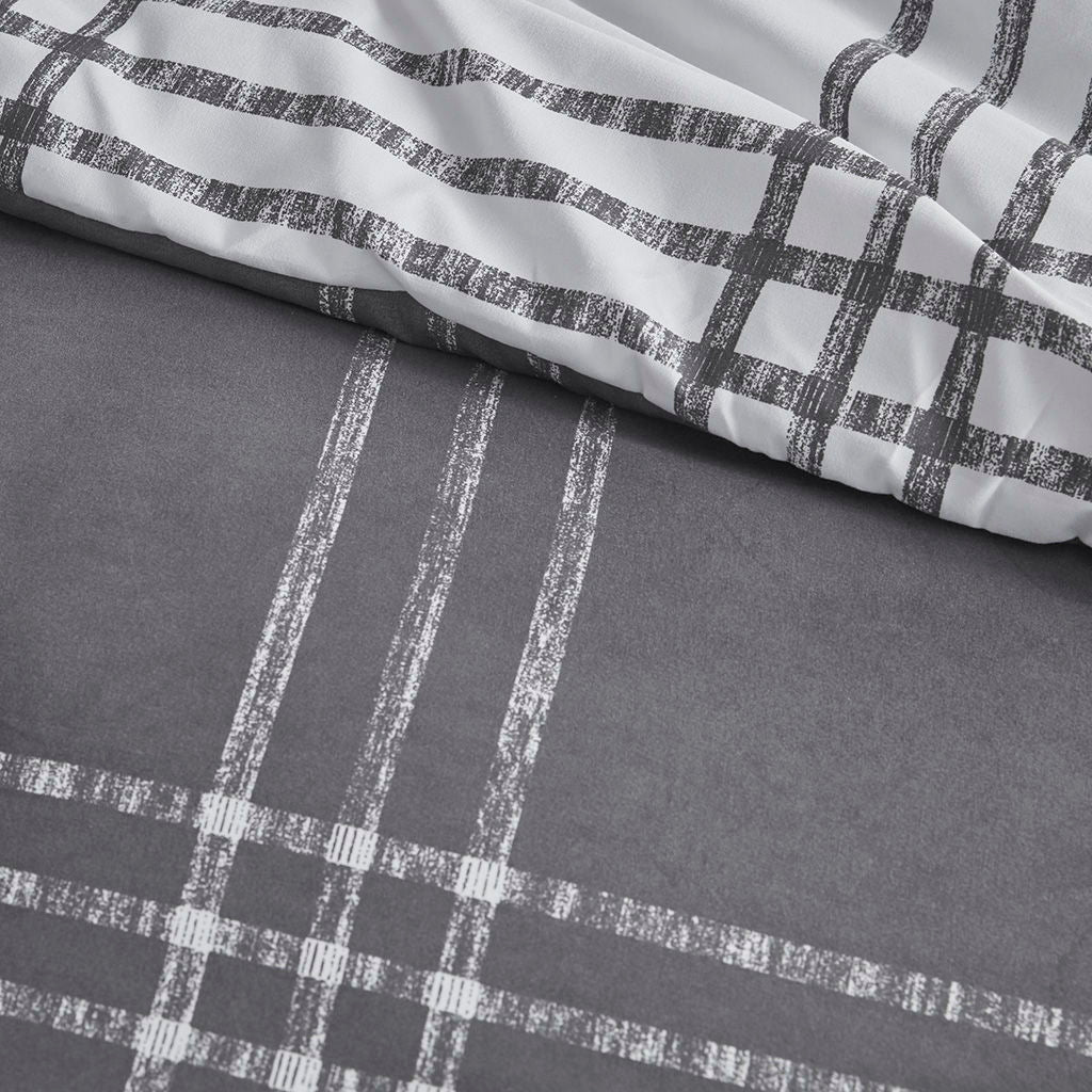 Pike - Plaid Reversible Comforter Set - White / Gray