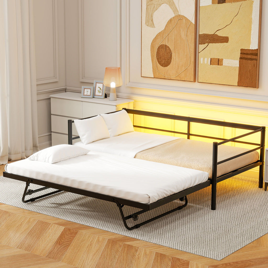 Industrial Metal Daybed With Adjustable Pop Up Trundle And LED Strip