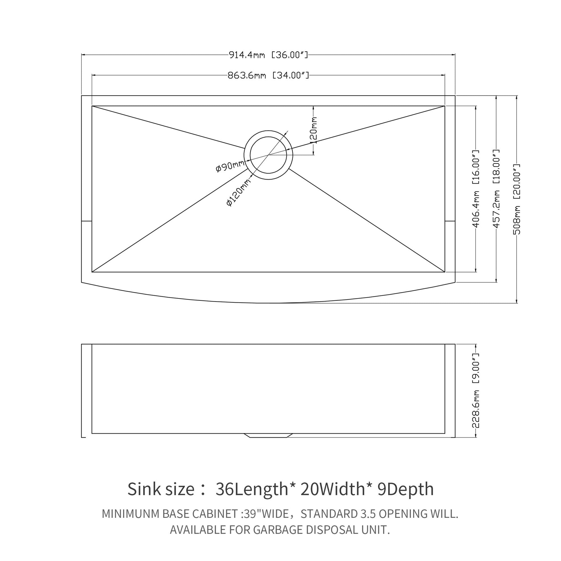 Farmhouse 36" Kitchen Sink Stainless Steel Apron Front - Brushed Nickel