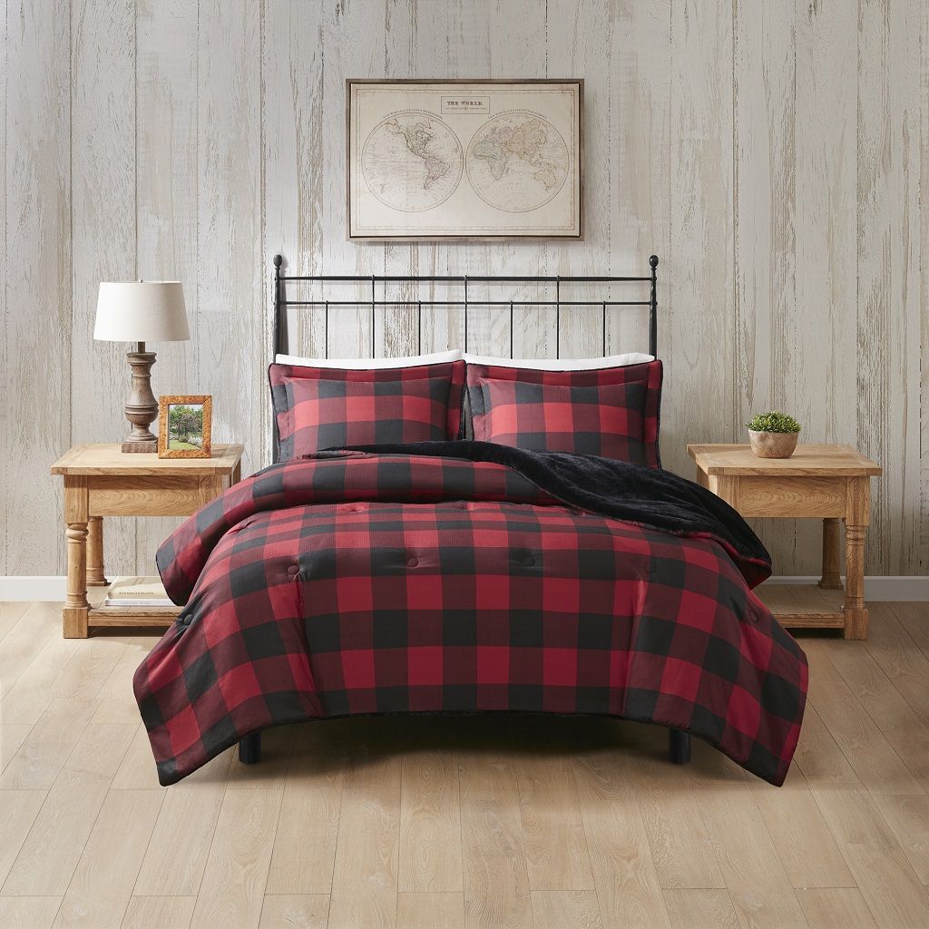 Bernston - Faux Wool to Faux Fur Down Alternative Queen Comforter Set - Red Buffalo Check
