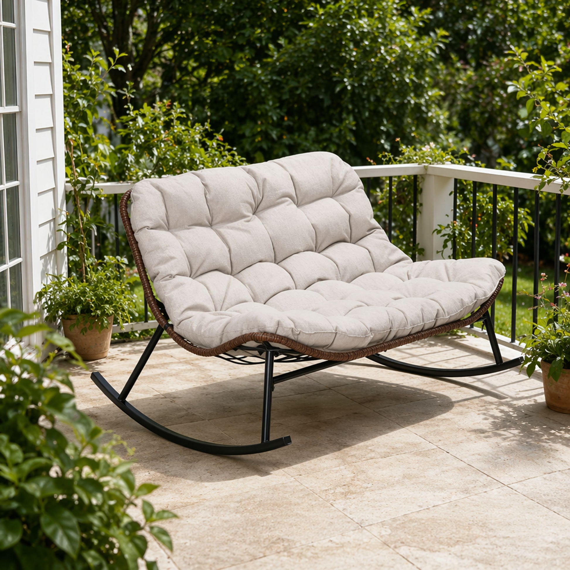 Double Wide Rocking Papasan Chair, 2 Person Outdoor Lounge Seating - Acacia Wood / Beige