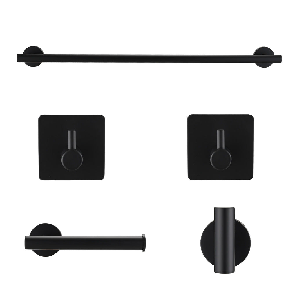 Bathroom Hardware Set Stainless Steel With Towel Bar, Paper Holder, And Hooks - Matte Black