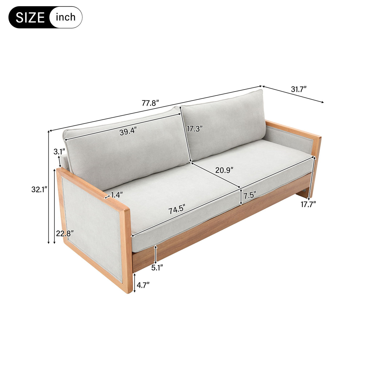 Modern 3 Seater Sofa With Wood Armrests