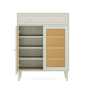 Shoe Cabinet With Rattan Doors And Drawer, 4 Tier Storage Organizer - Mint Green