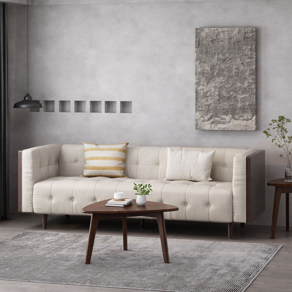 Contemporary 3 Seater Sofa With Button Tufted Waffle Stitching - Beige