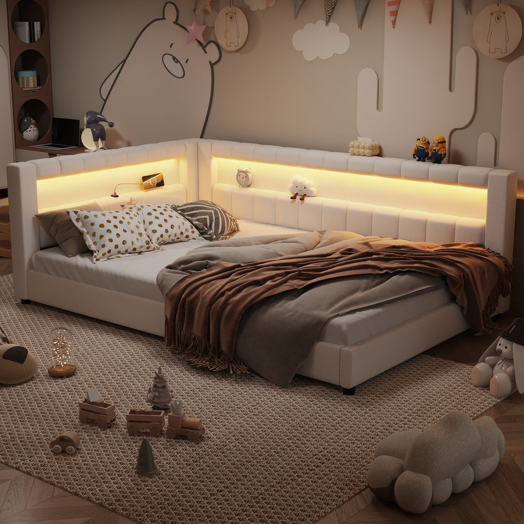 Upholstered Platform Bed With LED Belt And USB Ports