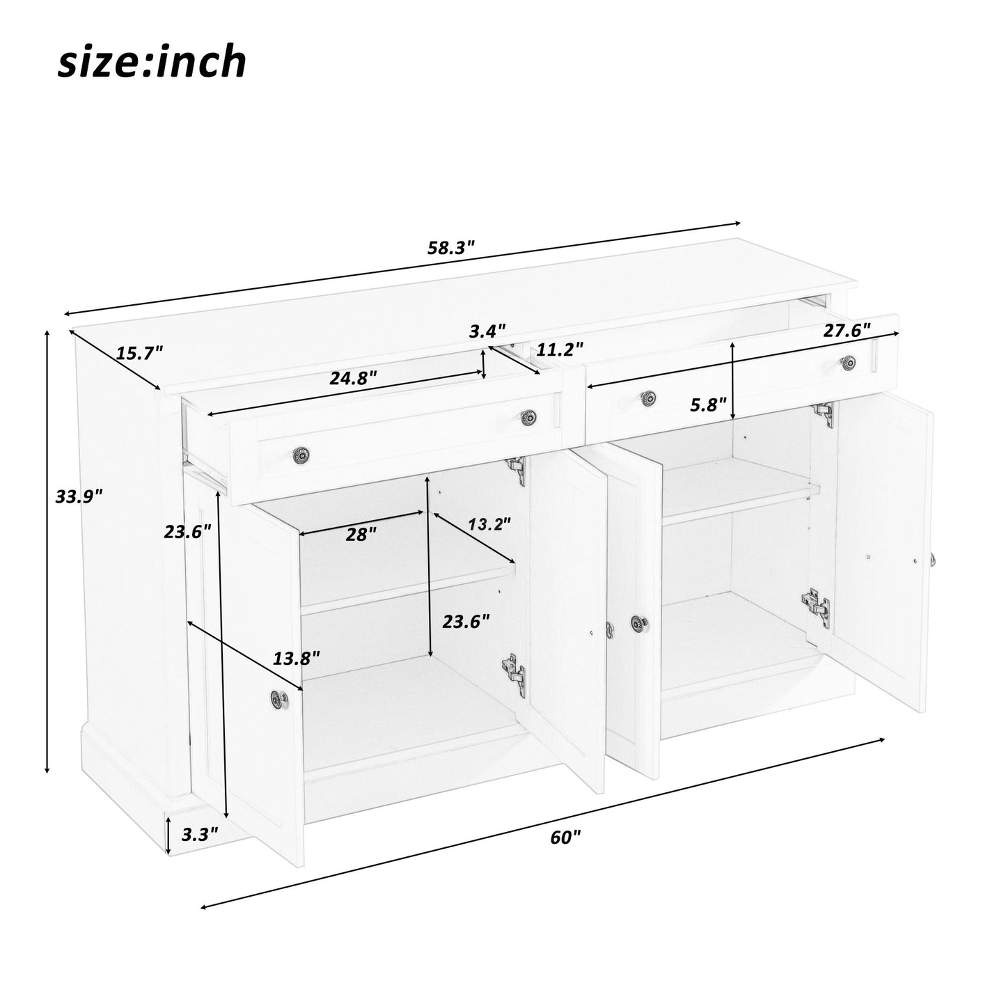 Kitchen Sideboard Storage Buffet Cabinet With 2 Drawers & 4 Doors Adjustable Shelves For Dining Room, Living Room