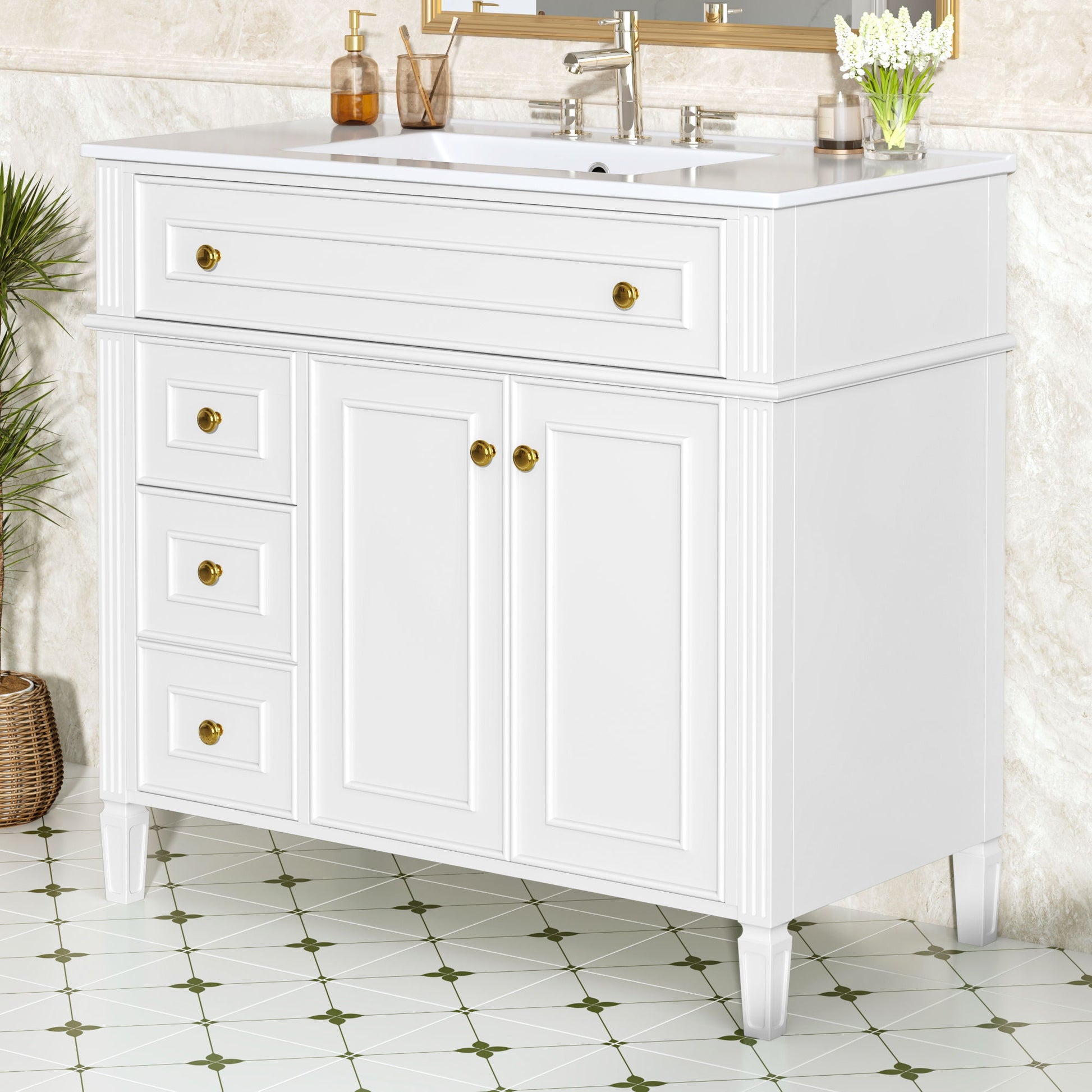 Bathroom Vanity With Sink, 3 Drawers & 2 Doors