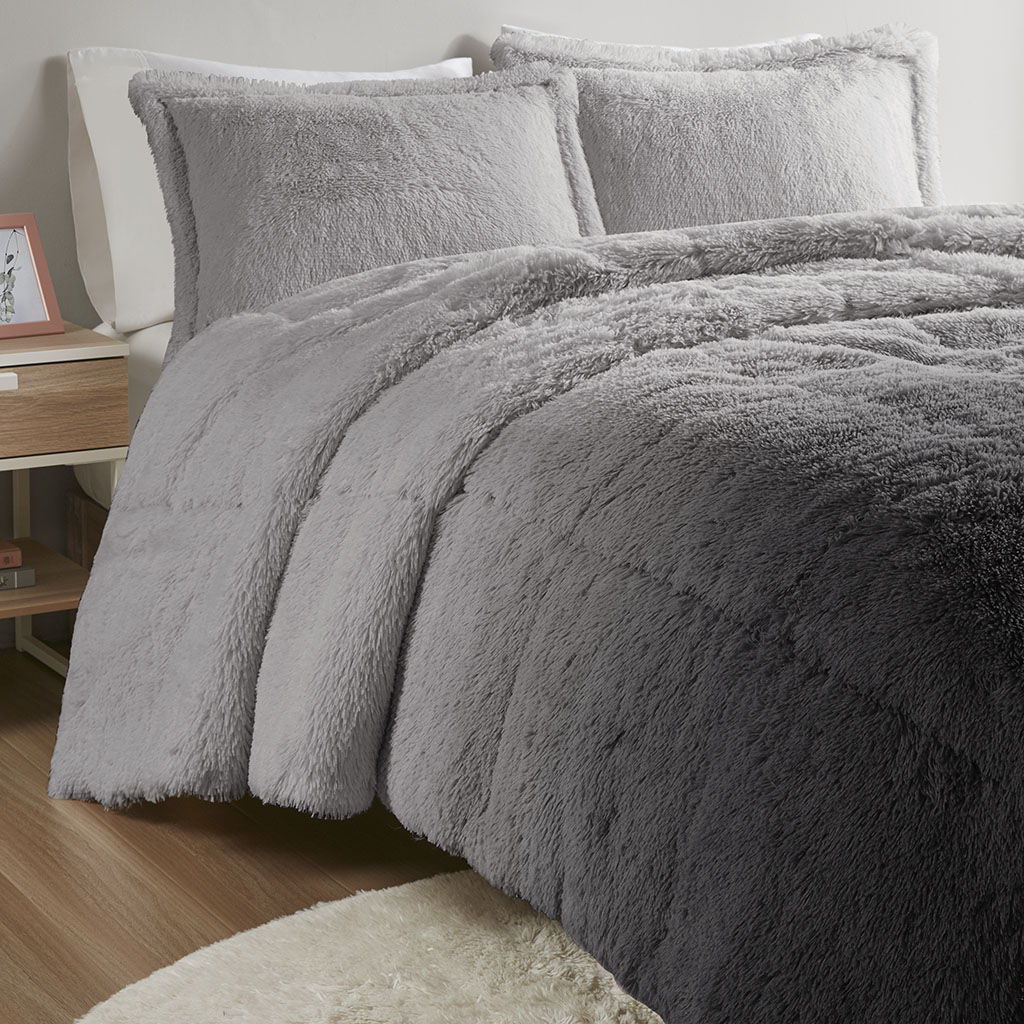 Brielle - King Ombre Shaggy Long Comforter Mini Set - Gray