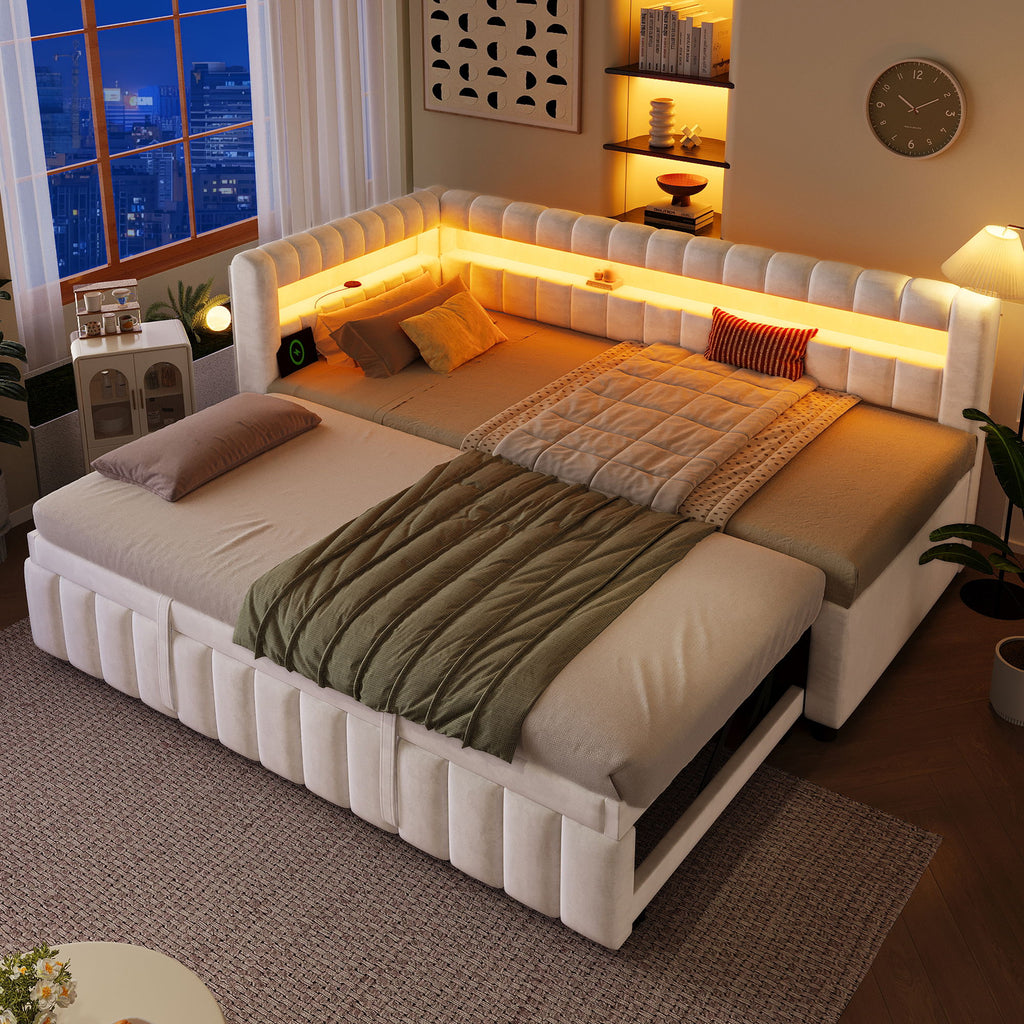 Upholstered Daybed With LED Lights, USB Charging, Pull Out Trundle Bed
