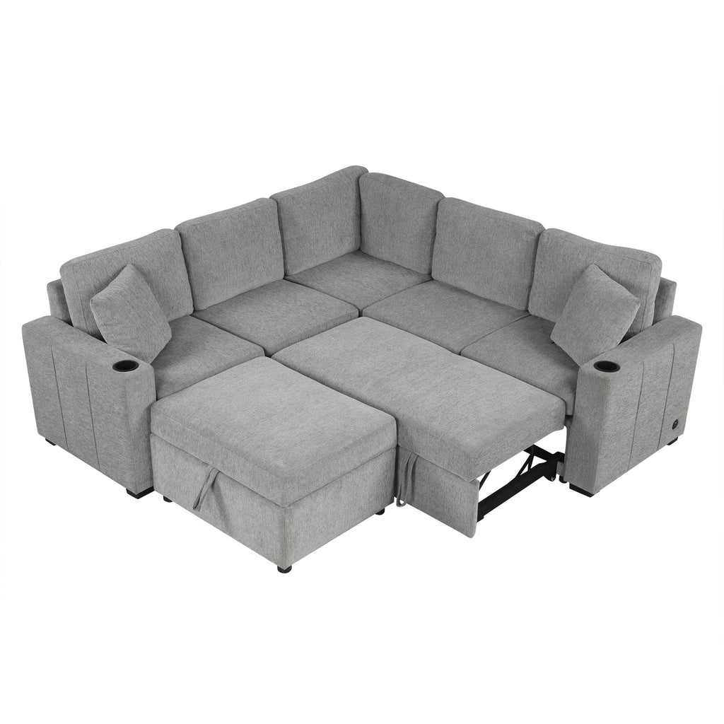 Sectional Sofa Convertible Pull-Out Sofa Bed With A Movable Storage Ottoman For Living Room