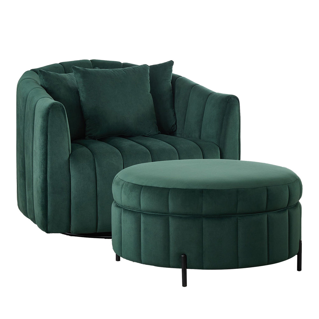Oversized Velvet Swivel Barrel Accent Chair And Ottoman Set With Storage