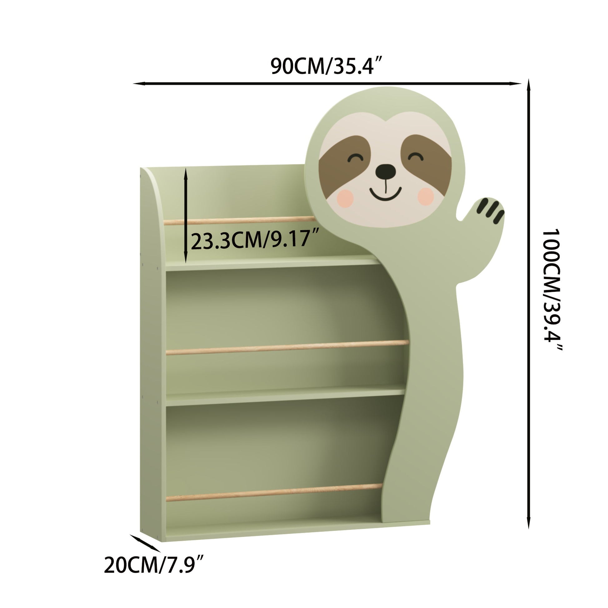 Sloth Bookshelf, Front Facing Toddler Book Display Rack With 3 Tiers, Cute Animal Design - Sage Green