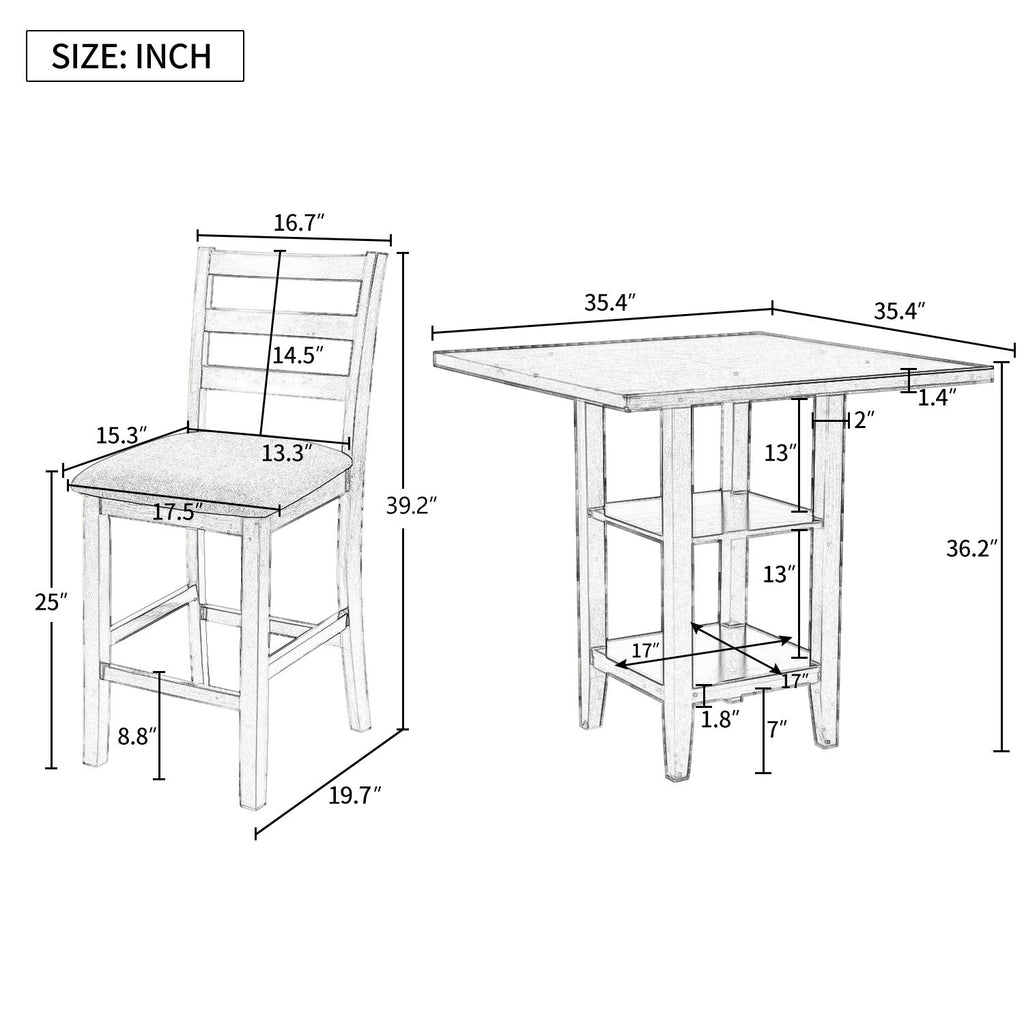 5 Piece Wooden Counter Height Dining Set With Padded Chairs, Storage Shelving