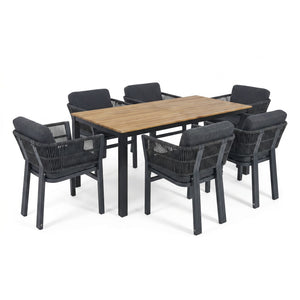 7 Piece Outdoor Dining Set & Table And 6 Chairs - Black / Gray / Teak