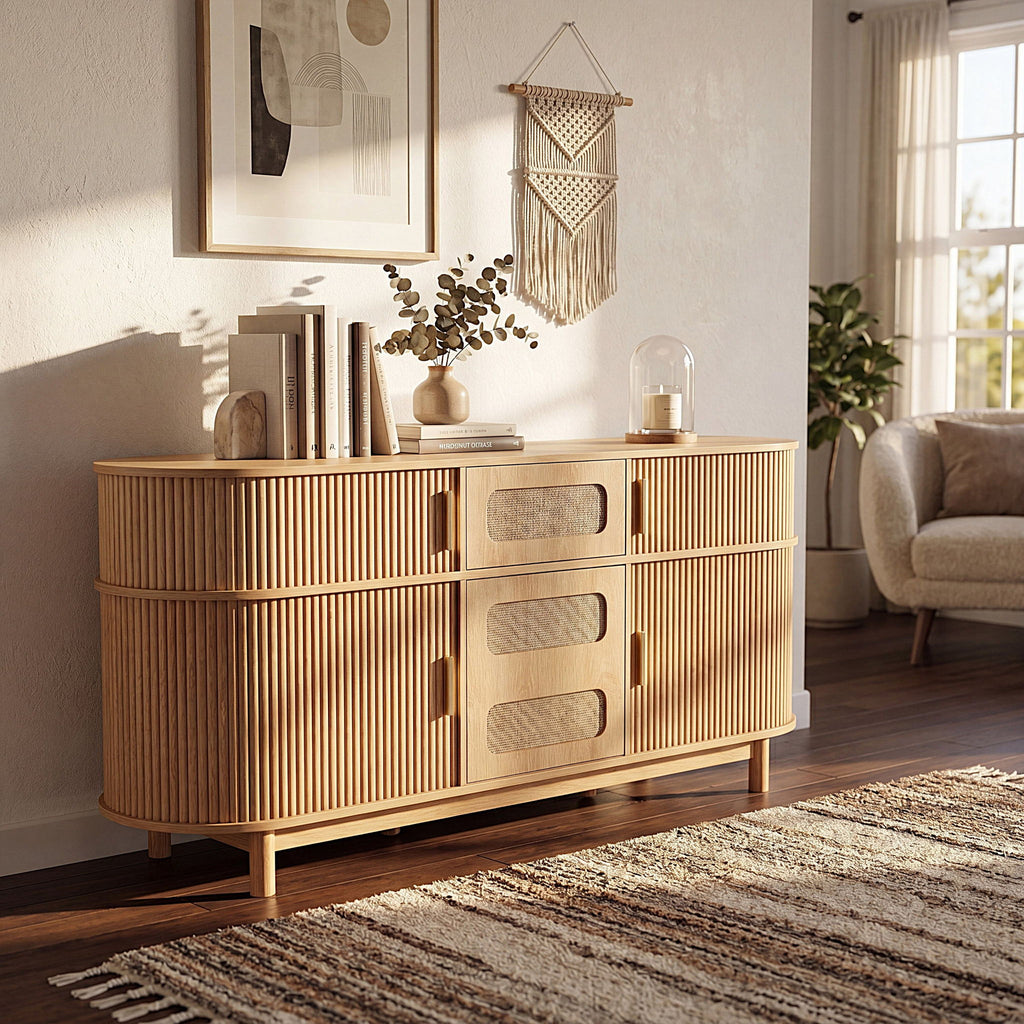 Fluted Sideboard Buffet Cabinet With Sliding Doors And Adjustable Shelves