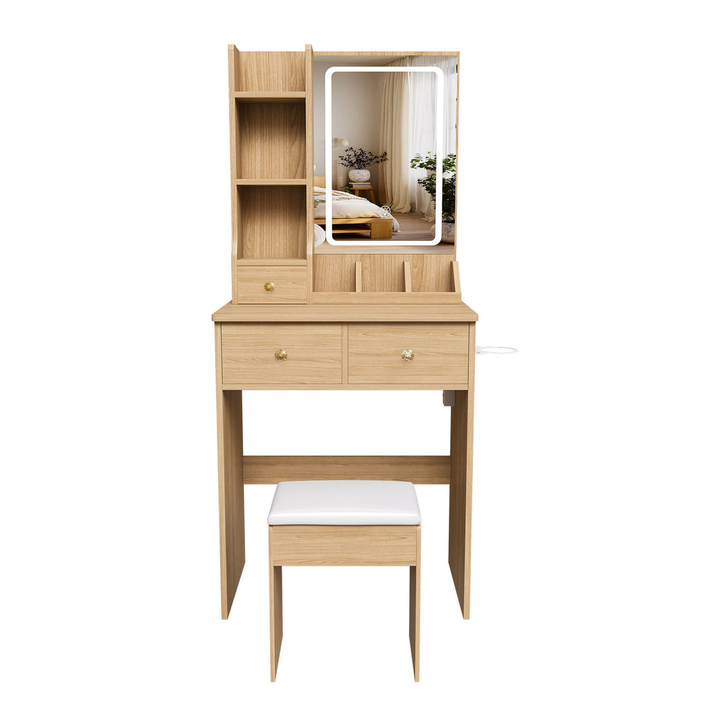 Small Vanity Desk With 3 LED Lighting Modes, 3 Drawers, Hair Dryer Holder, Power Socket, And Dressing Chair - Natural Walnut