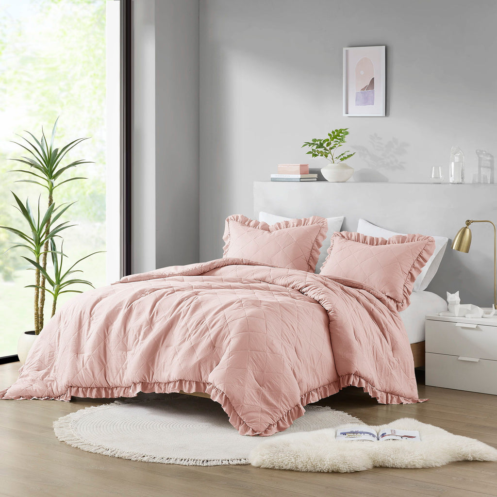 Phoebe - Full/Queen Diamond Quilted Ruffle Edge Comforter Set - Blush