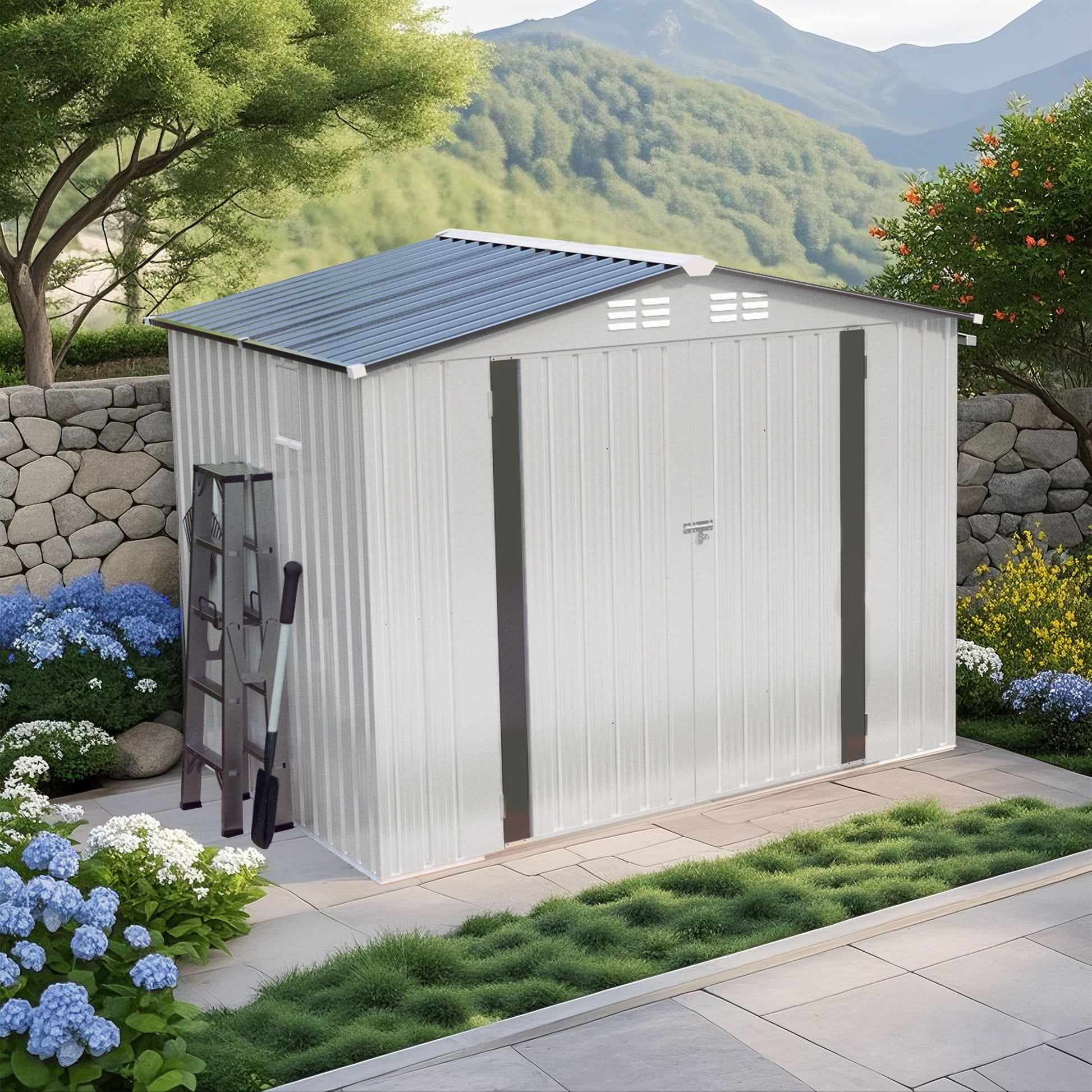 Garden Tool Shed Metal Storage Shed With Peaked Roof Waterproof Lockable Door