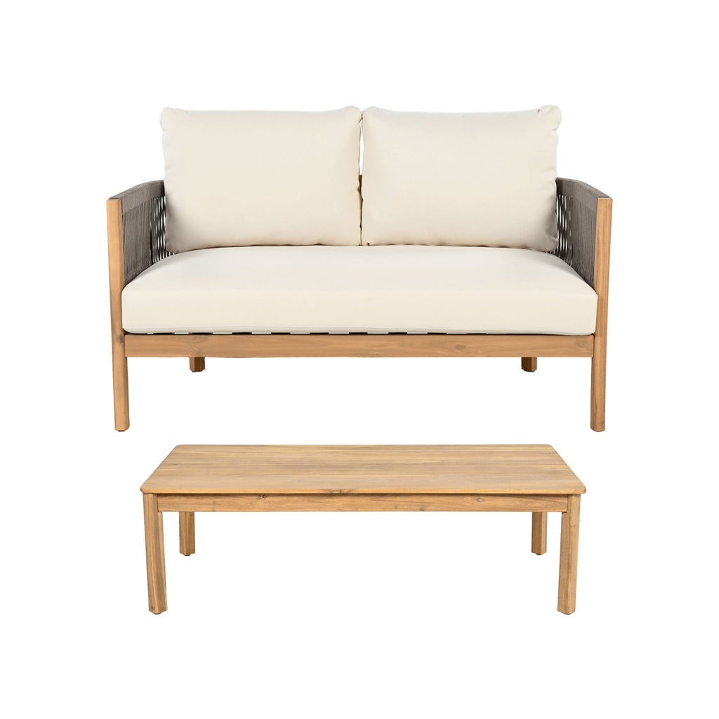 2 Pieces Outdoor Acacia Furniture Set, Woven Rope Outdoor Patio Loveseat, 2 Seat Deep Seating Group With Cushions And Coffee Table For Porch - Teak / Gray / Beige