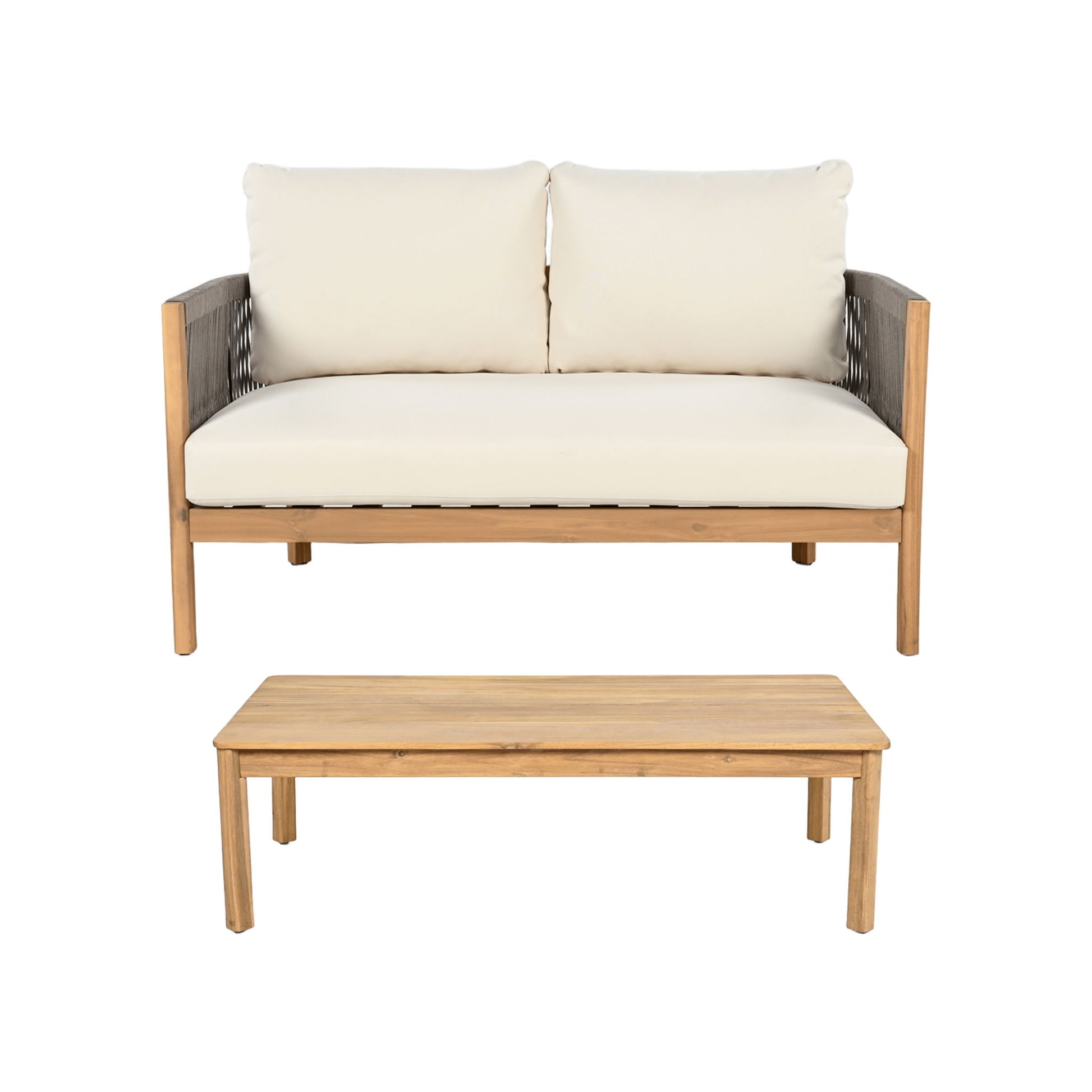 2 Pieces Outdoor Acacia Furniture Set, Woven Rope Outdoor Patio Loveseat, 2 Seat Deep Seating Group With Cushions And Coffee Table For Porch - Teak / Gray / Beige